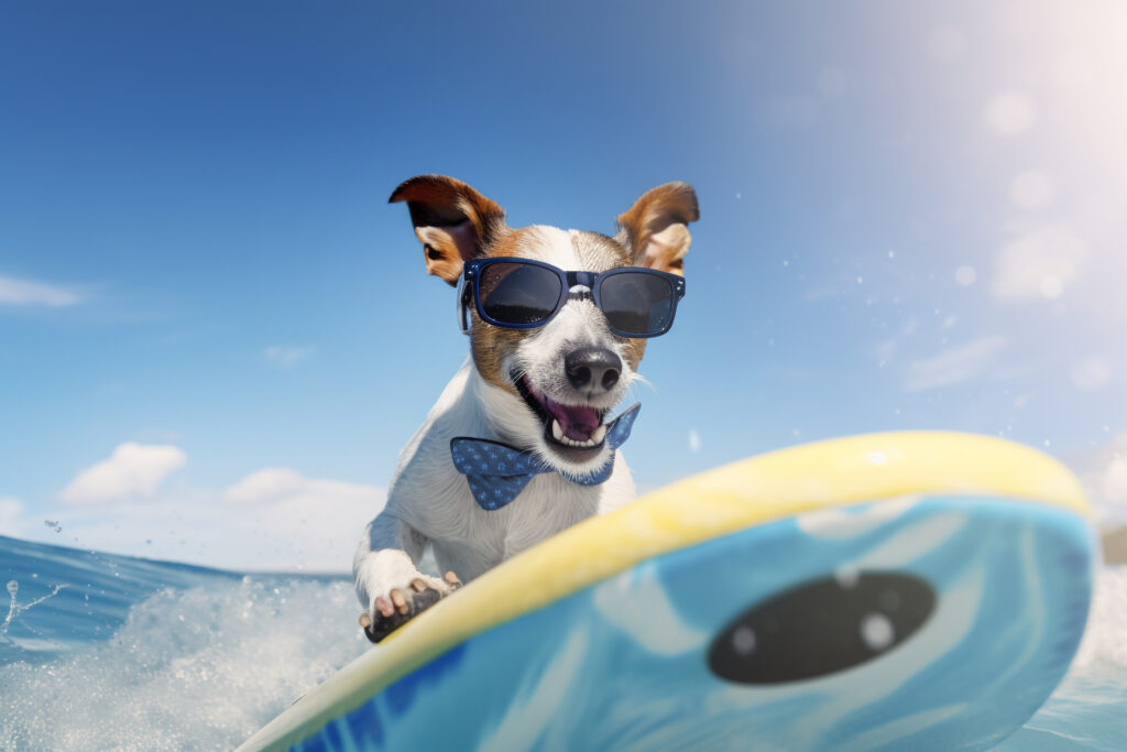 Jack russell dog surfing on a wave.Sunny day. Summer concept. AI generative.