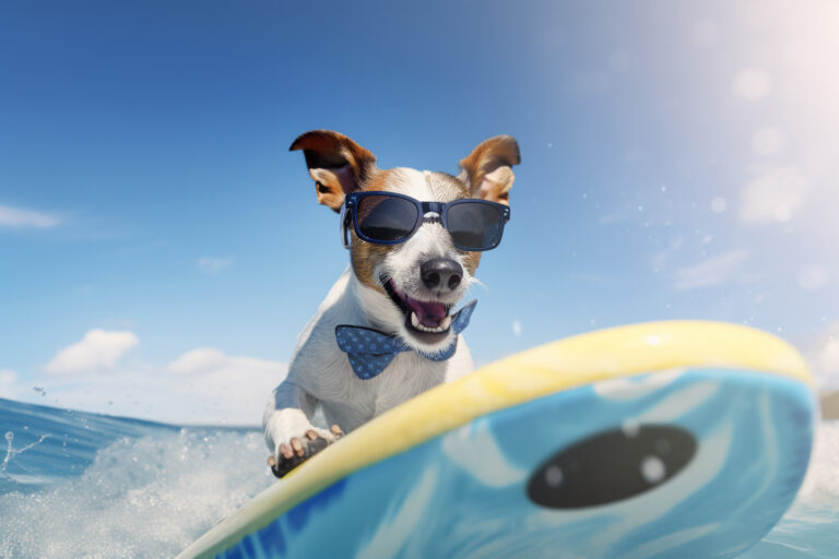 Jack russell dog surfing on a wave.Sunny day. Summer concept. AI generative.