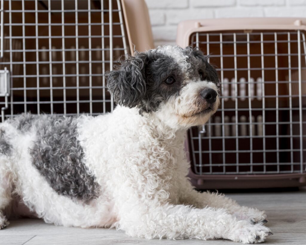 cute-dog-sitting-near-kennels