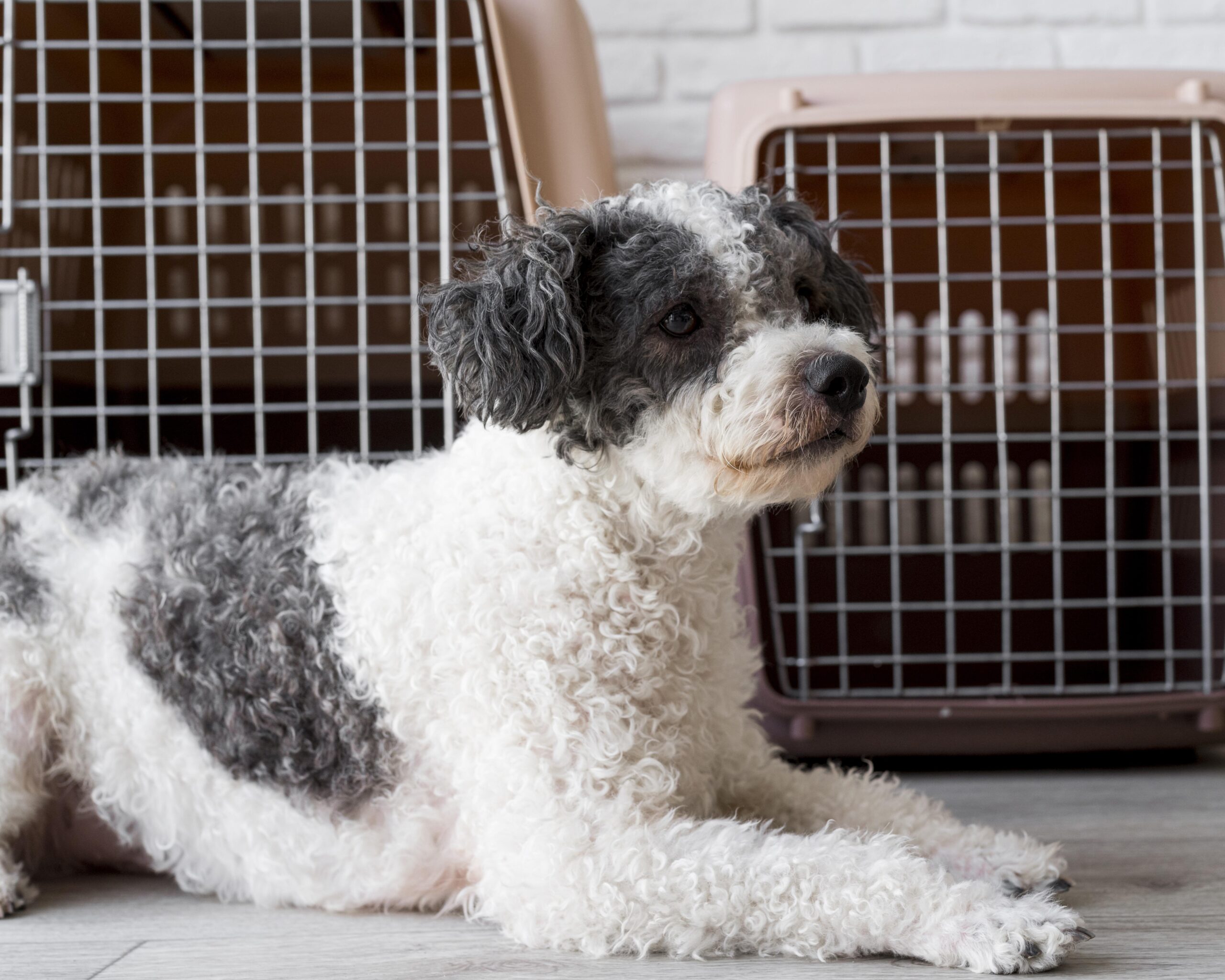 cute-dog-sitting-near-kennels